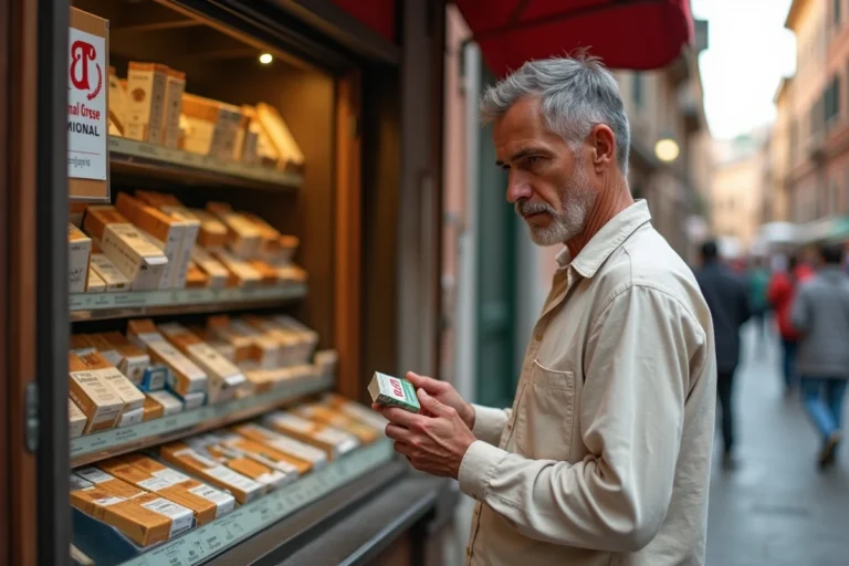 Homme achetant des cigarettes dans une tabaccheria italienne à Rome avec des prix affichés en 2026