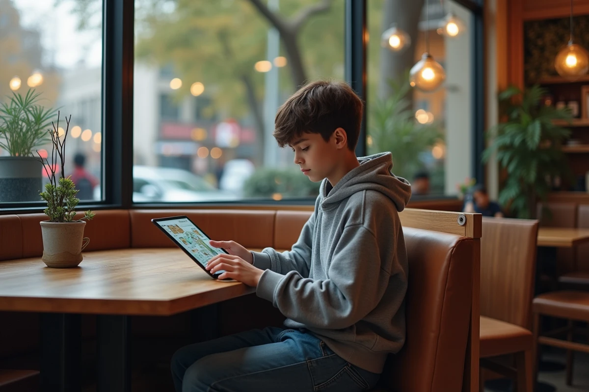 Adolescent lisant manga dans un café moderne