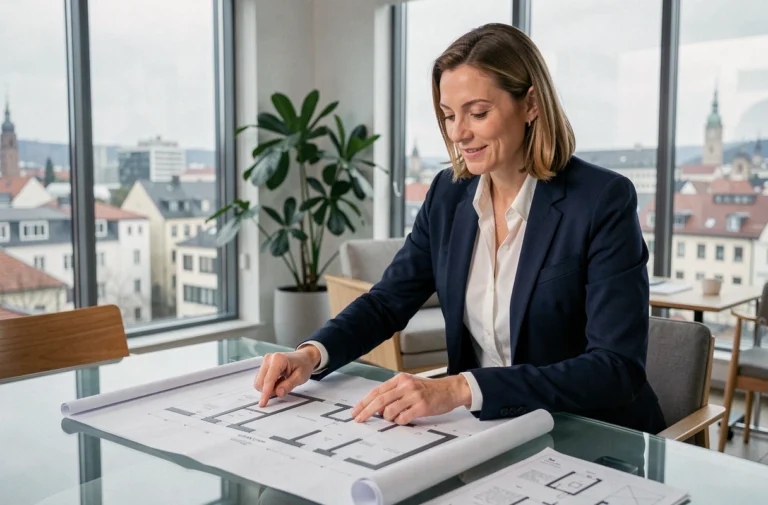 Agent immobilière suisse présentant des plans de propriété dans une agence moderne à Zurich