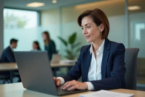 Agente publique consultant le portail Arena Amiens sur son ordinateur portable dans un bureau administratif moderne