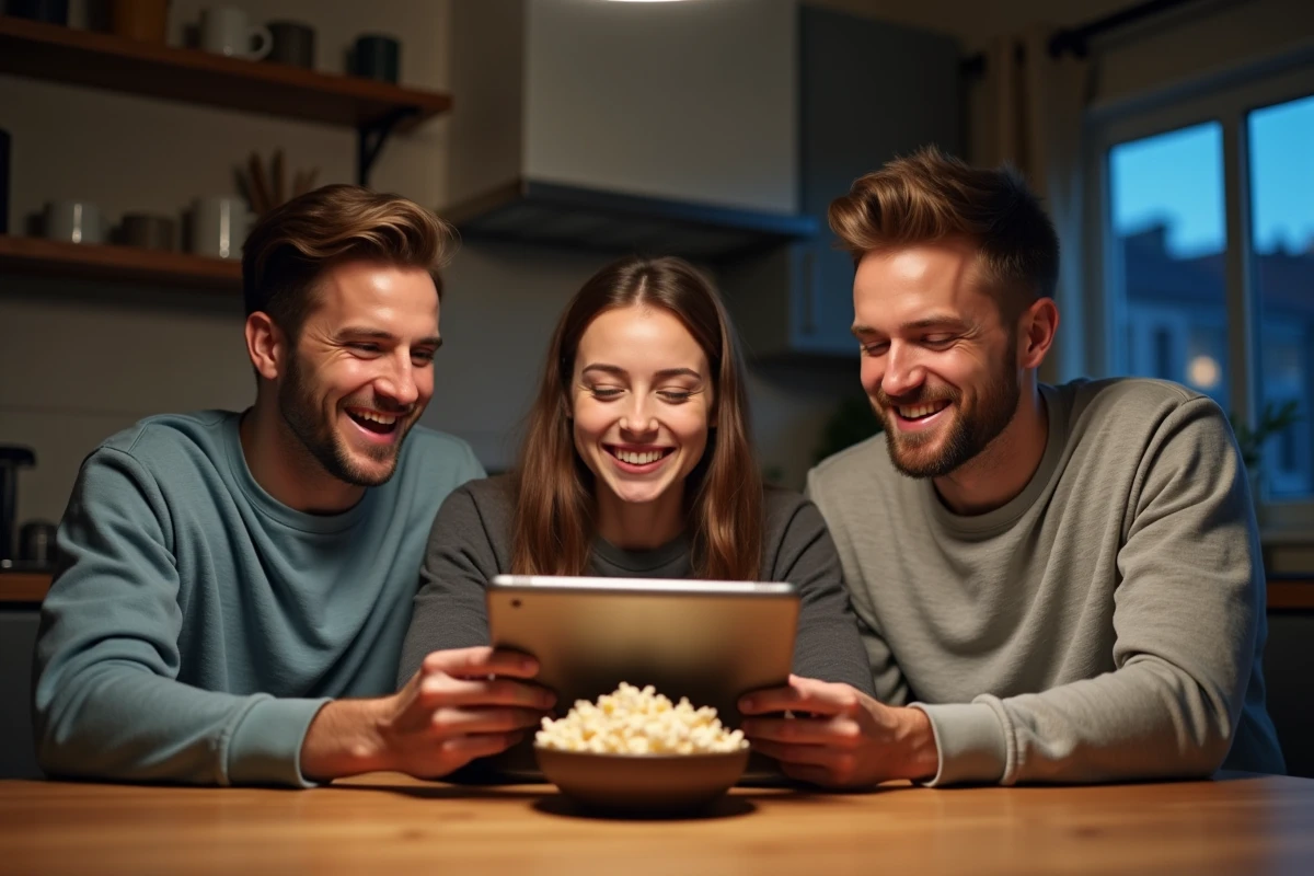 Trois amis regardant une série sur une tablette dans la cuisine