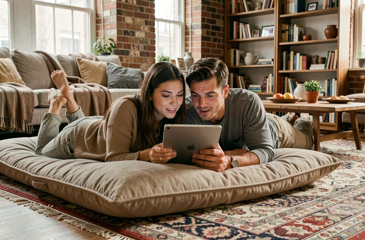 Deux amis regardant un film ensemble sur une tablette dans un appartement cosy avec décoration vintage