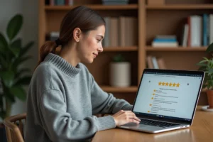 Femme analysant les avis clients d'un site e-commerce sur son ordinateur portable dans un bureau à domicile