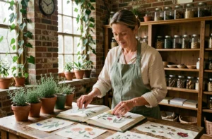 Botaniste parcourant les pages d'une encyclopédie florale illustrée dans une serre-bibliothèque entourée de plantes et de spécimens botaniques séchés