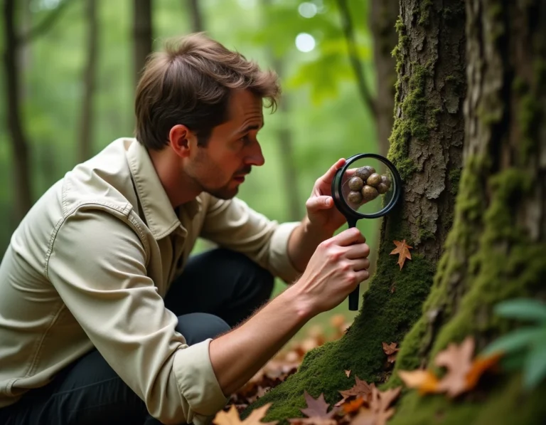 Botaniste examinant des galles de chêne sur un arbre en forêt avec une loupe