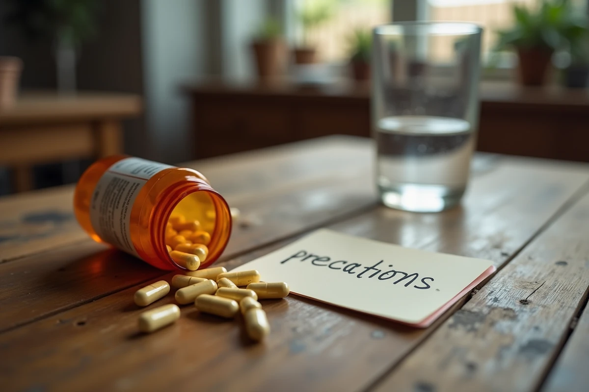 Gros plan de capsules de complément alimentaire Dietplus sur une table en bois avec une note de précaution