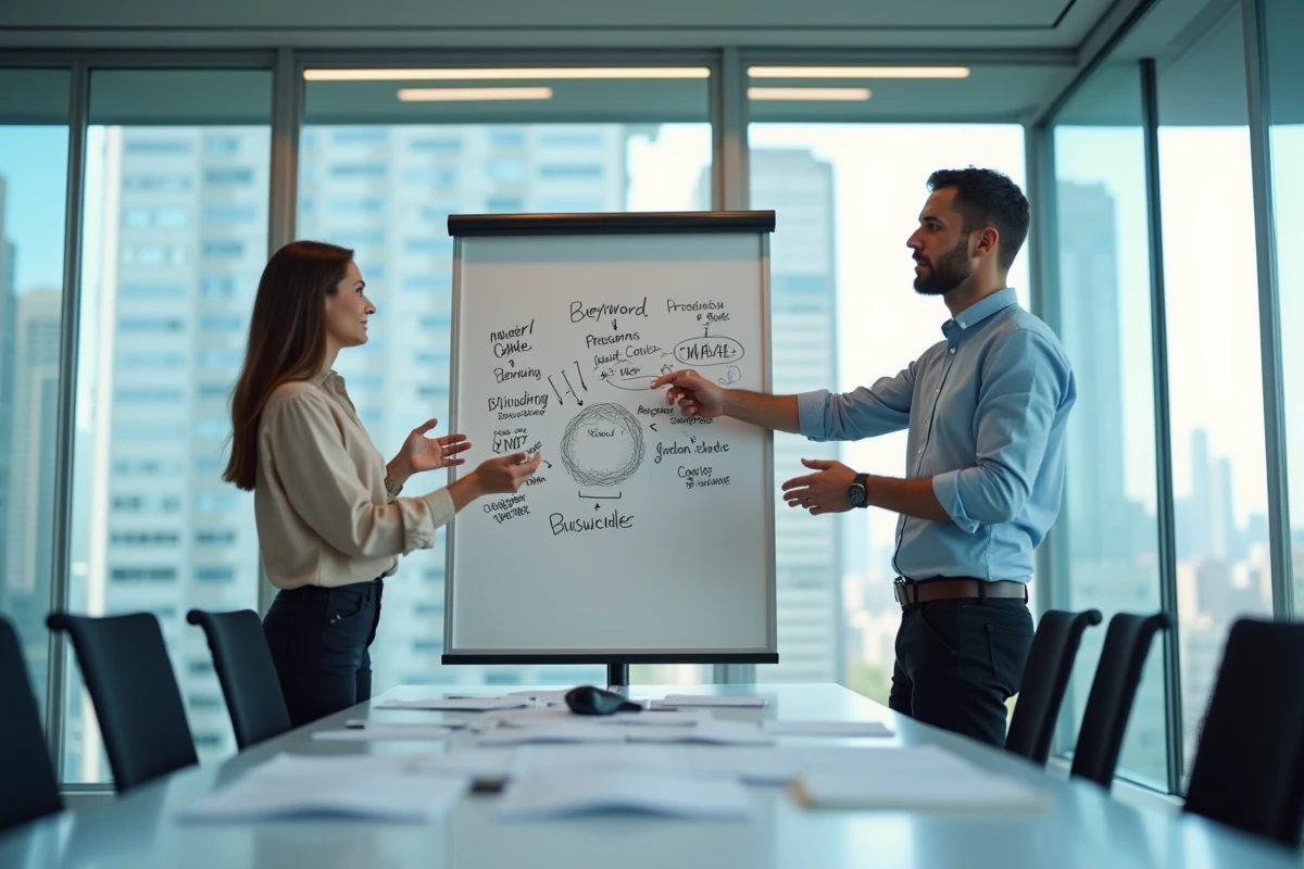 Deux collègues en séance de brainstorming devant un tableau blanc en salle de réunion, illustrant la collaboration et la valorisation des atouts professionnels