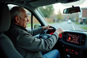 Conducteur de voiture pointant un voyant rouge sur le tableau de bord