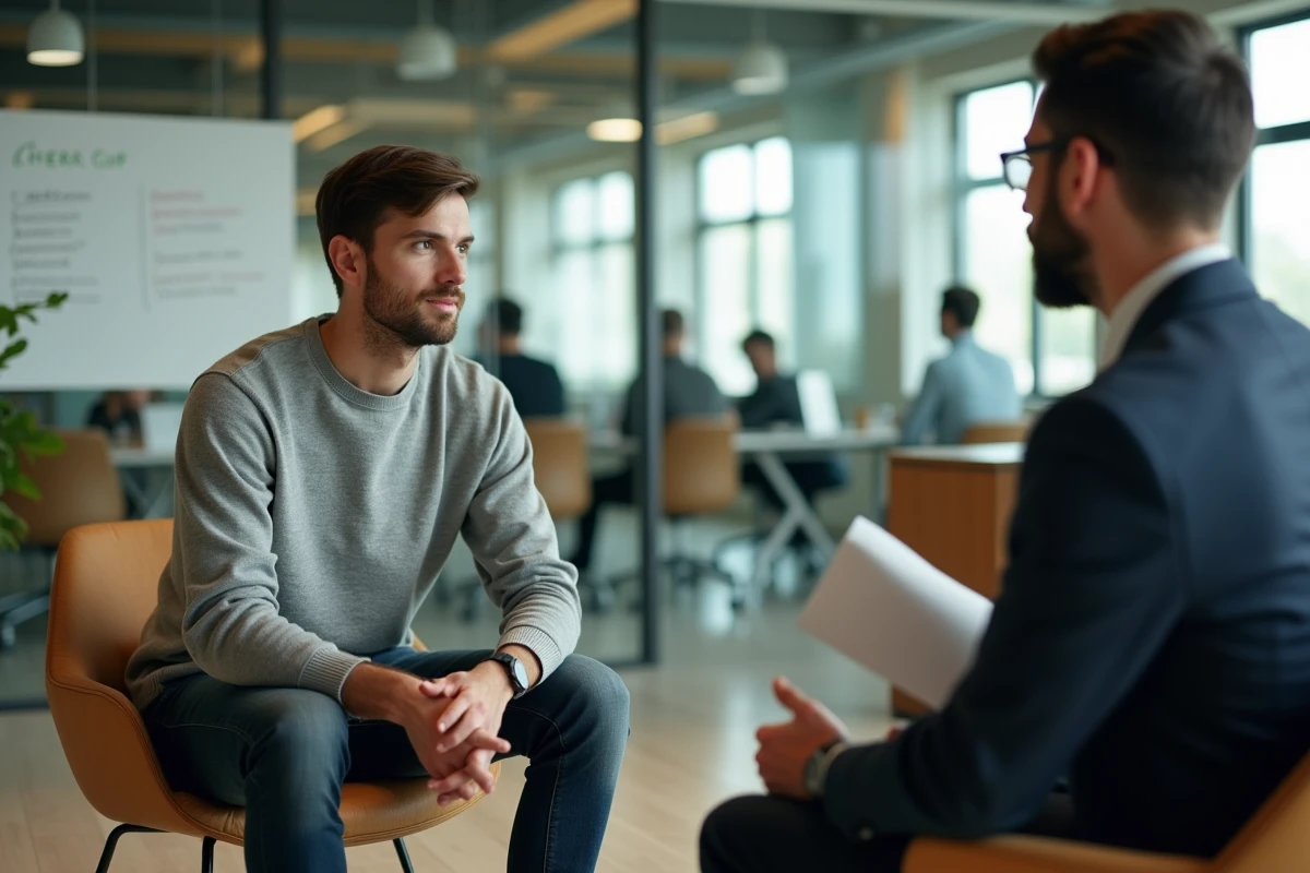 Jeune homme en entretien de conseil de carrière dans un espace de coworking moderne