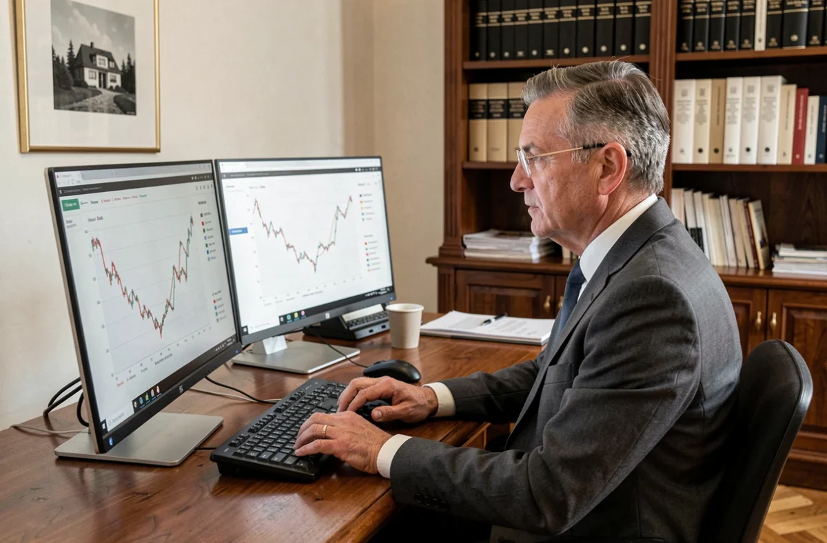 Conseiller financier analysant les tendances du marché immobilier suisse dans un bureau à Genève