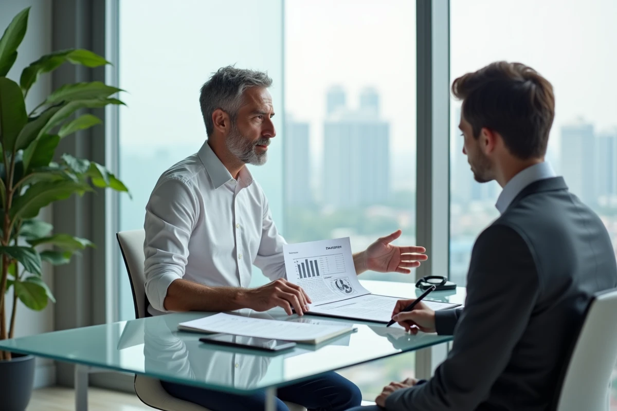 Conseiller immobilier présentant les conditions d'un prêt modulable à un client dans un bureau moderne