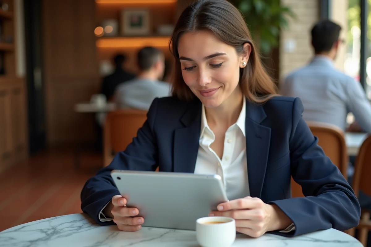 Jeune femme consultant son compte et découvert autorisé Crédit Agricole sur tablette dans un café