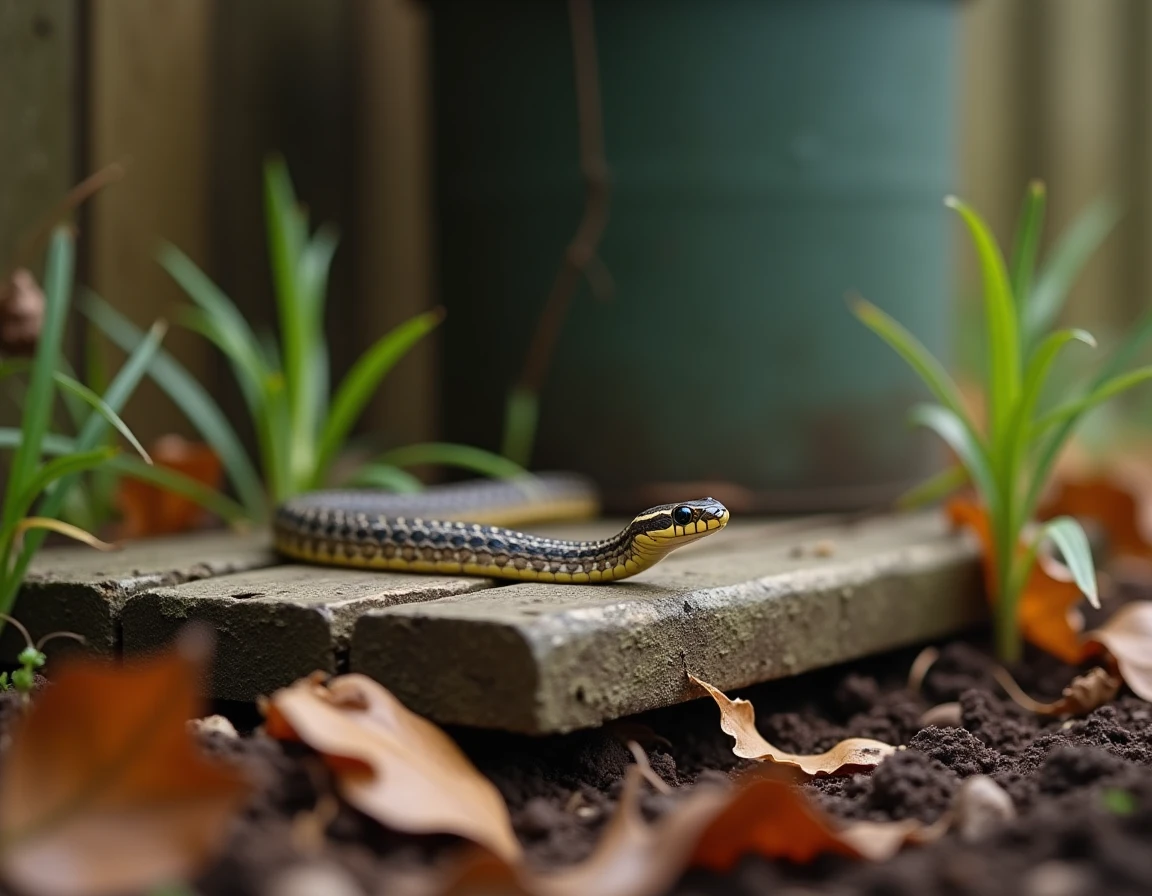 Couleuvre à collier au repos sur une planche en bois dans un jardin en automne, près d'un tas de compost