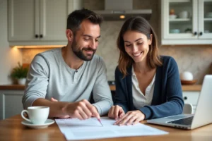 Couple examinant un contrat de prêt immobilier modulable à la table de leur cuisine moderne