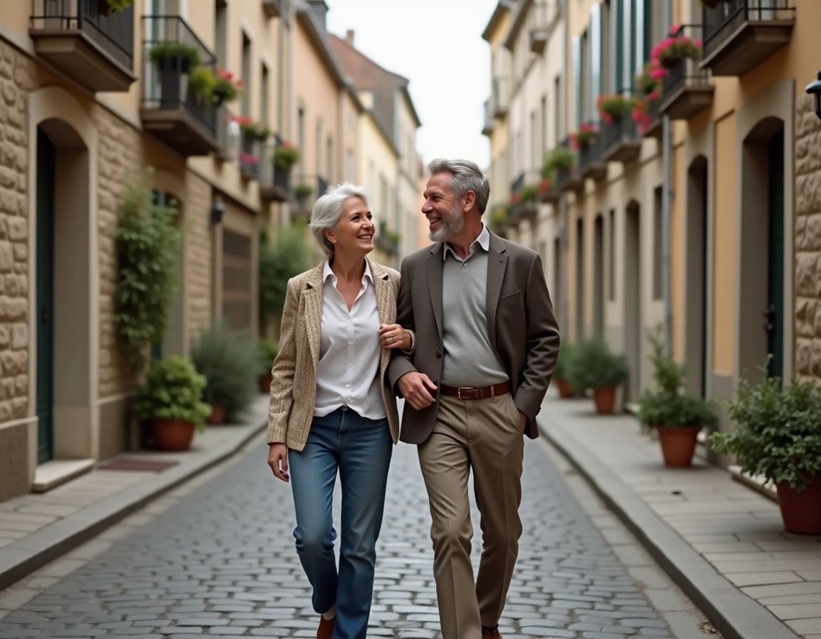 Couple complice se promenant dans une rue de village français, illustrant la vie privée et la curiosité publique autour des personnalités médiatiques