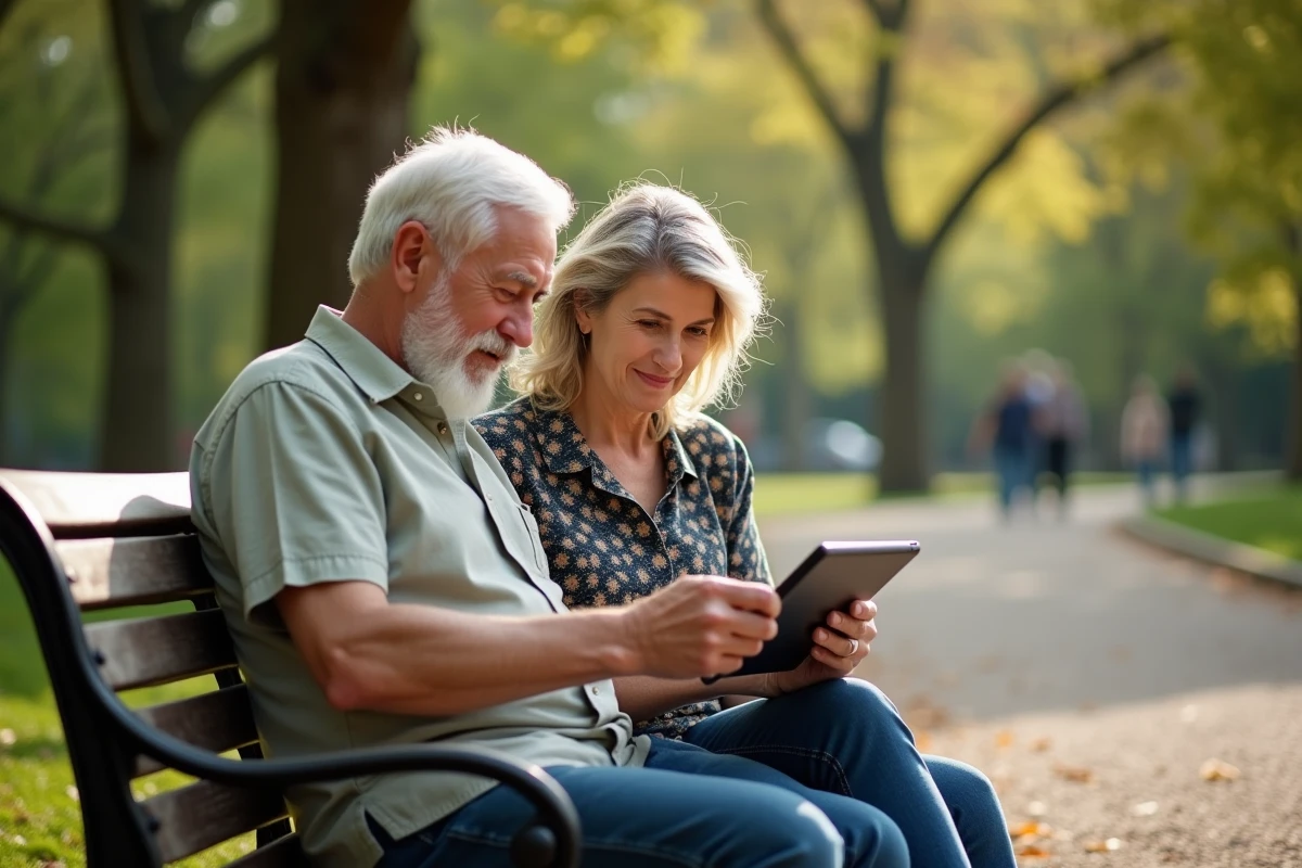 Couple de seniors consultant une tablette dans un parc pour s'informer sur la réforme des retraites à 60 ans