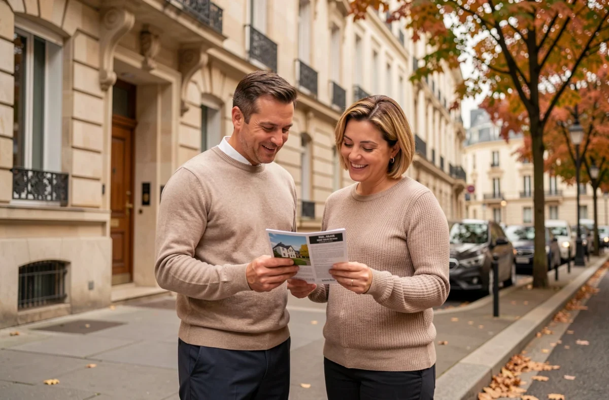 Couple examinant une brochure immobilière devant un immeuble haussmannien en automne