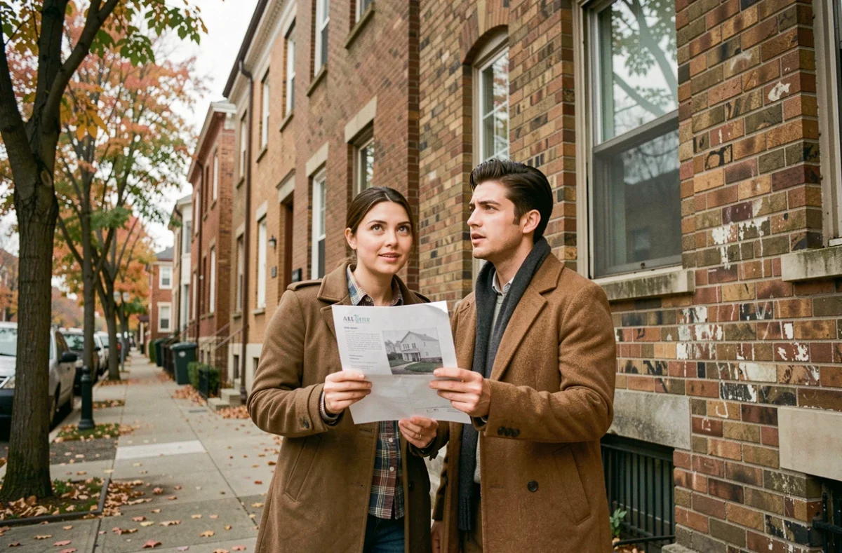 Couple inspectant un immeuble locatif en ville avec une annonce de location à la main en automne