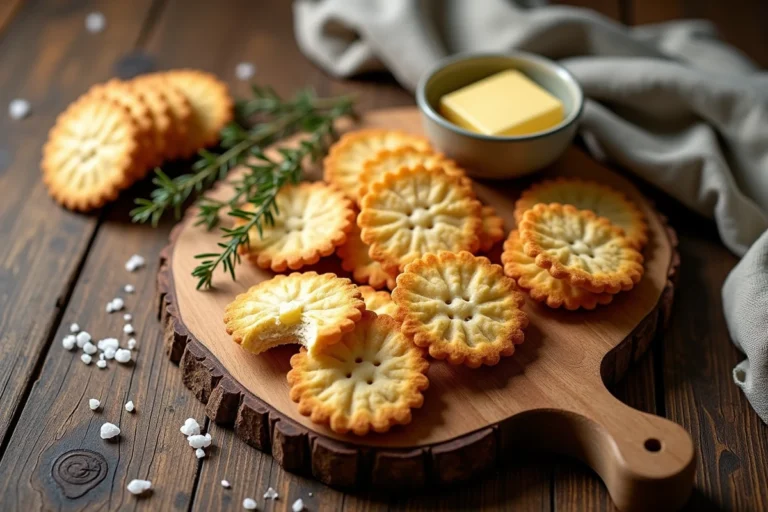 Craquelins bretons dorés sur planche en bois rustique avec beurre salé et fleur de sel, vue de dessus
