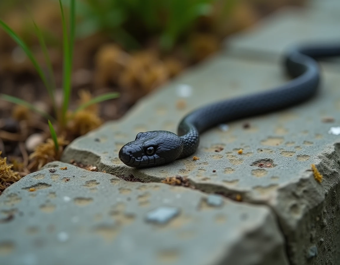 Gros plan sur une crotte de couleuvre posée sur une pierre grise dans un jardin, entourée de mousse et d'herbe sèche