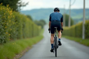 Cycliste sur un Scott Speedster 60 roulant sur une route de campagne asphaltée entourée de verdure