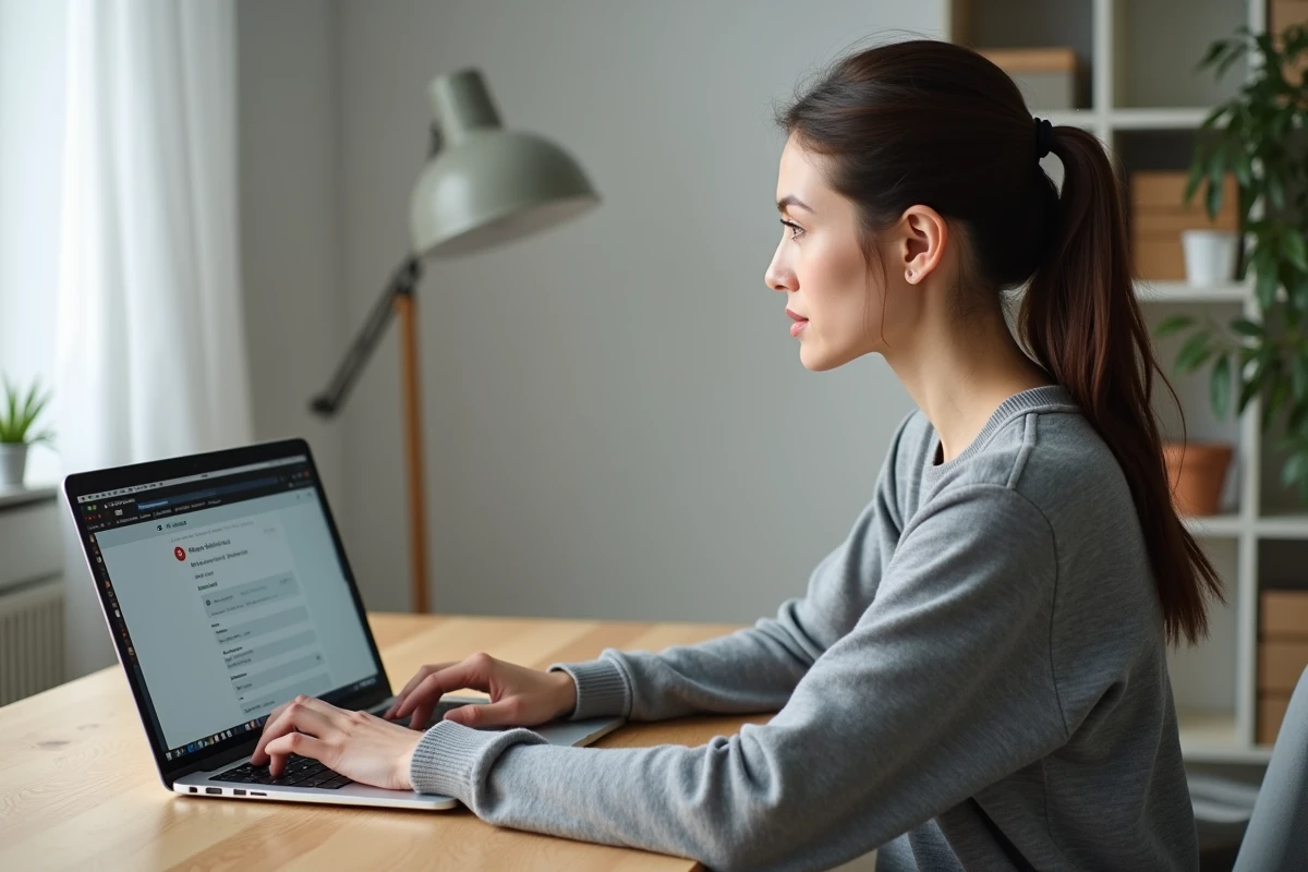 Femme désactivant le CAPTCHA 'Je ne suis pas un robot' dans les paramètres du navigateur Chrome sur un ordinateur portable