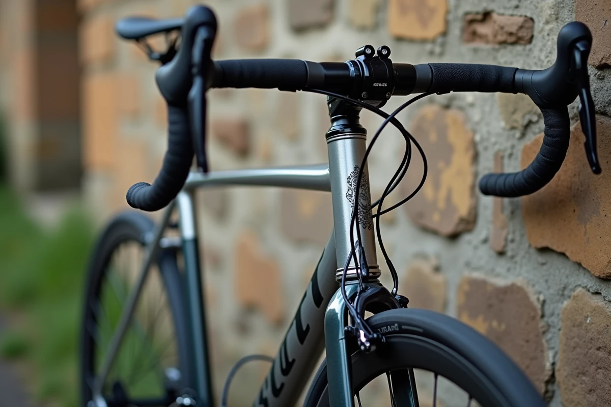 Détail du cadre et du groupe Shimano du vélo de route Scott Speedster 60 appuyé contre un mur en pierre