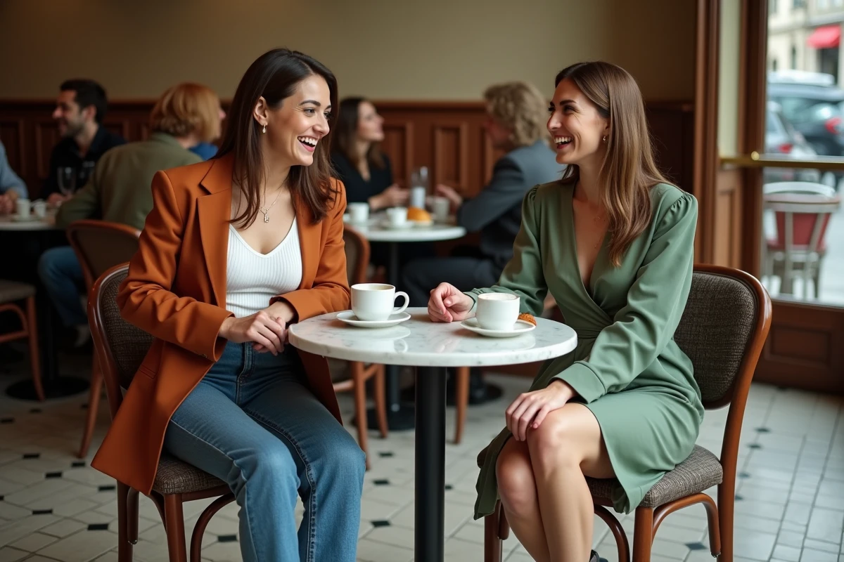 Deux femmes stylées discutant autour d'un café dans un bistrot parisien élégant