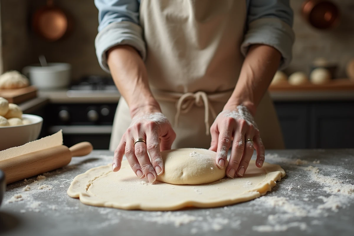 Fabrication artisanale de craquelins bretons, mains pétrissant la pâte dans une cuisine traditionnelle bretonne