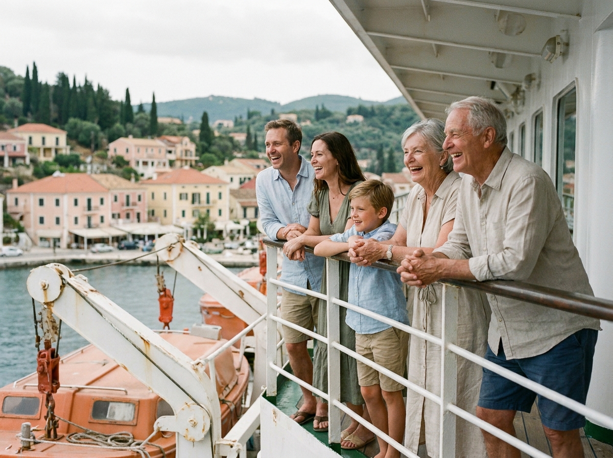 Famille sur le balcon du bateau regardant un village