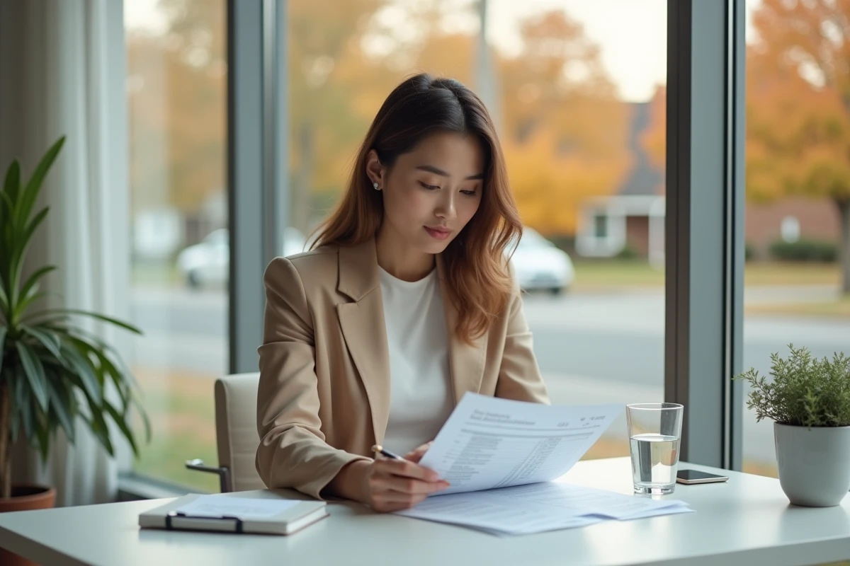 Femme analysant un tableau d'amortissement de prêt immobilier modulable dans un bureau à domicile