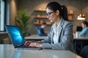 Femme professionnelle utilisant un ordinateur portable avec une interface Windows futuriste dans un bureau moderne