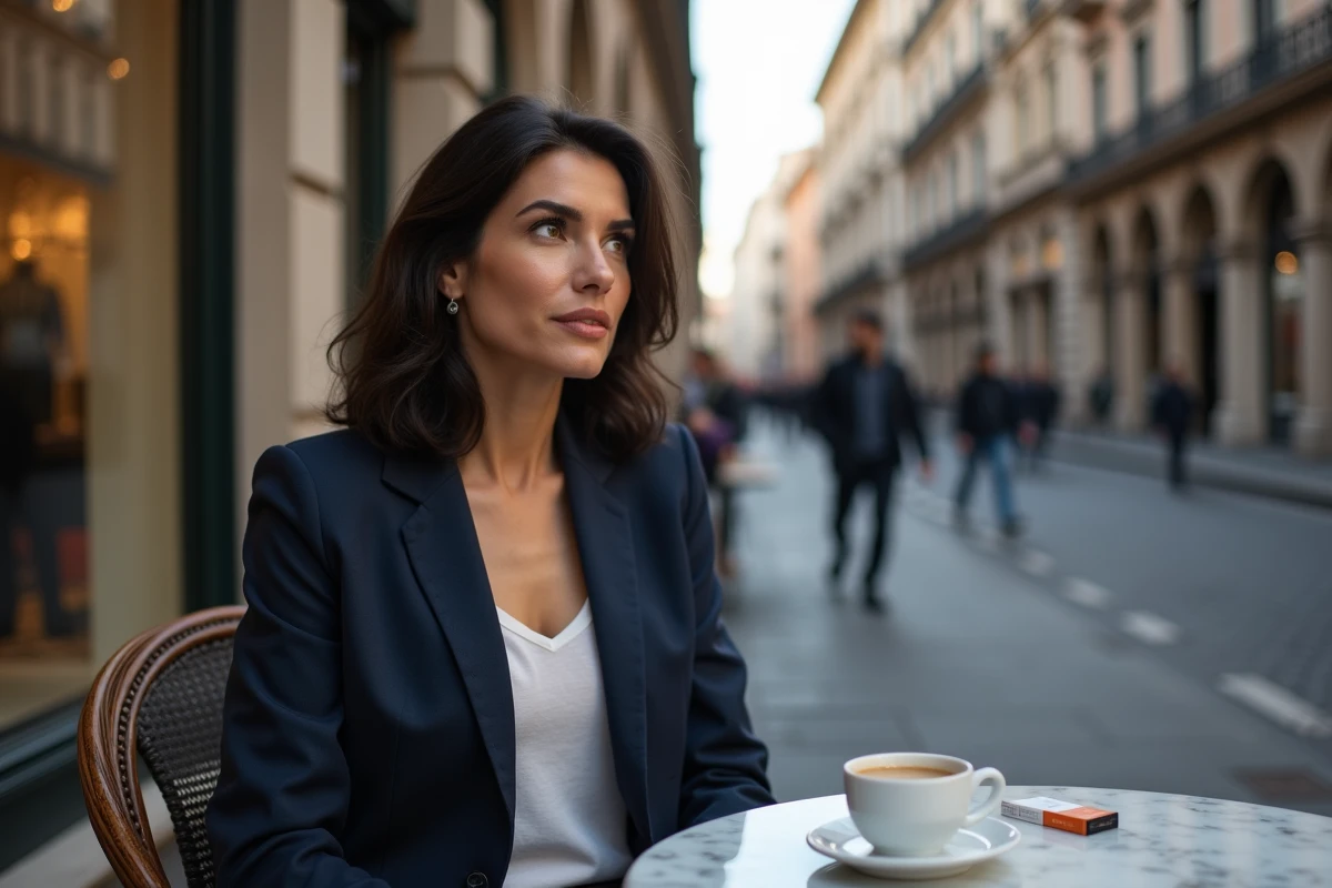 Femme à la terrasse d'un café milanais avec un paquet de cigarettes sur la table en Italie