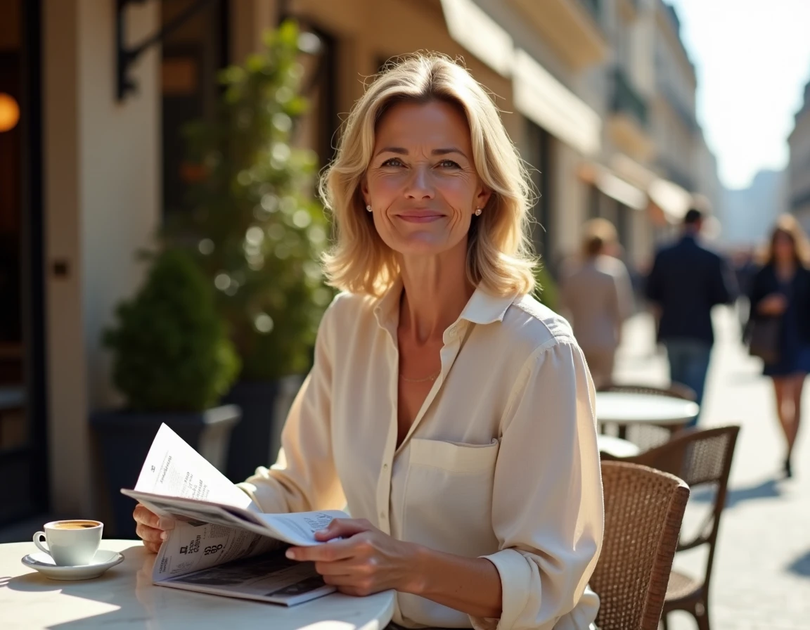 Femme élégante lisant un magazine en terrasse de café parisien, symbole de la discrétion et de l'intérêt public pour les compagnes de personnalités télévisées