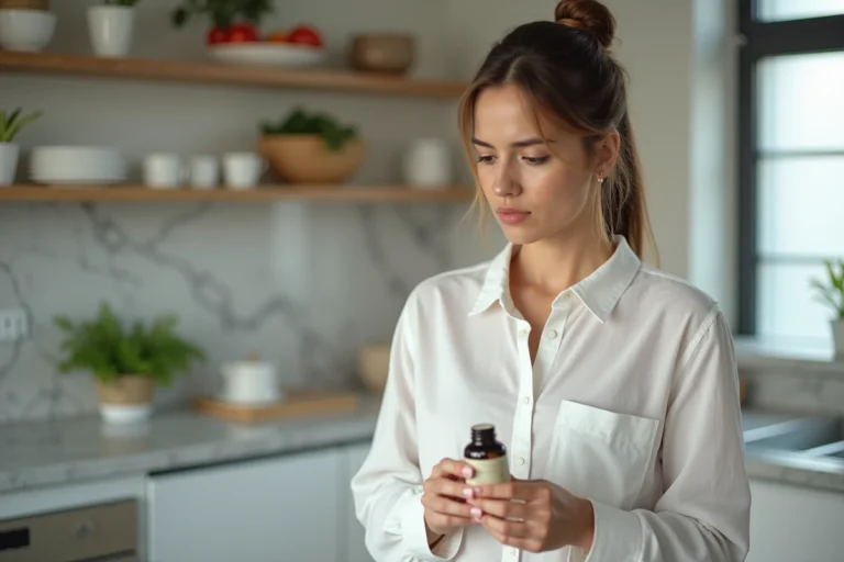 Femme examinant un complément alimentaire Dietplus dans une cuisine moderne avec une expression dubitative