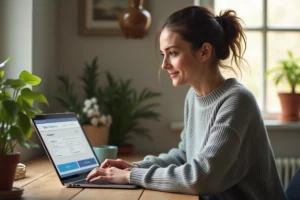 Femme consultant son découvert autorisé Crédit Agricole sur ordinateur portable à domicile