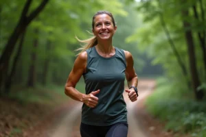 Femme d age moyen en tenue de course sur un sentier forestier