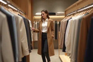 Femme élégante en manteau camel faisant du shopping dans une boutique de mode minimaliste
