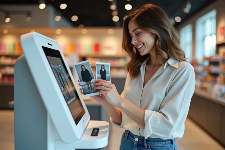 Femme souriante examinant des photos imprimées au kiosque