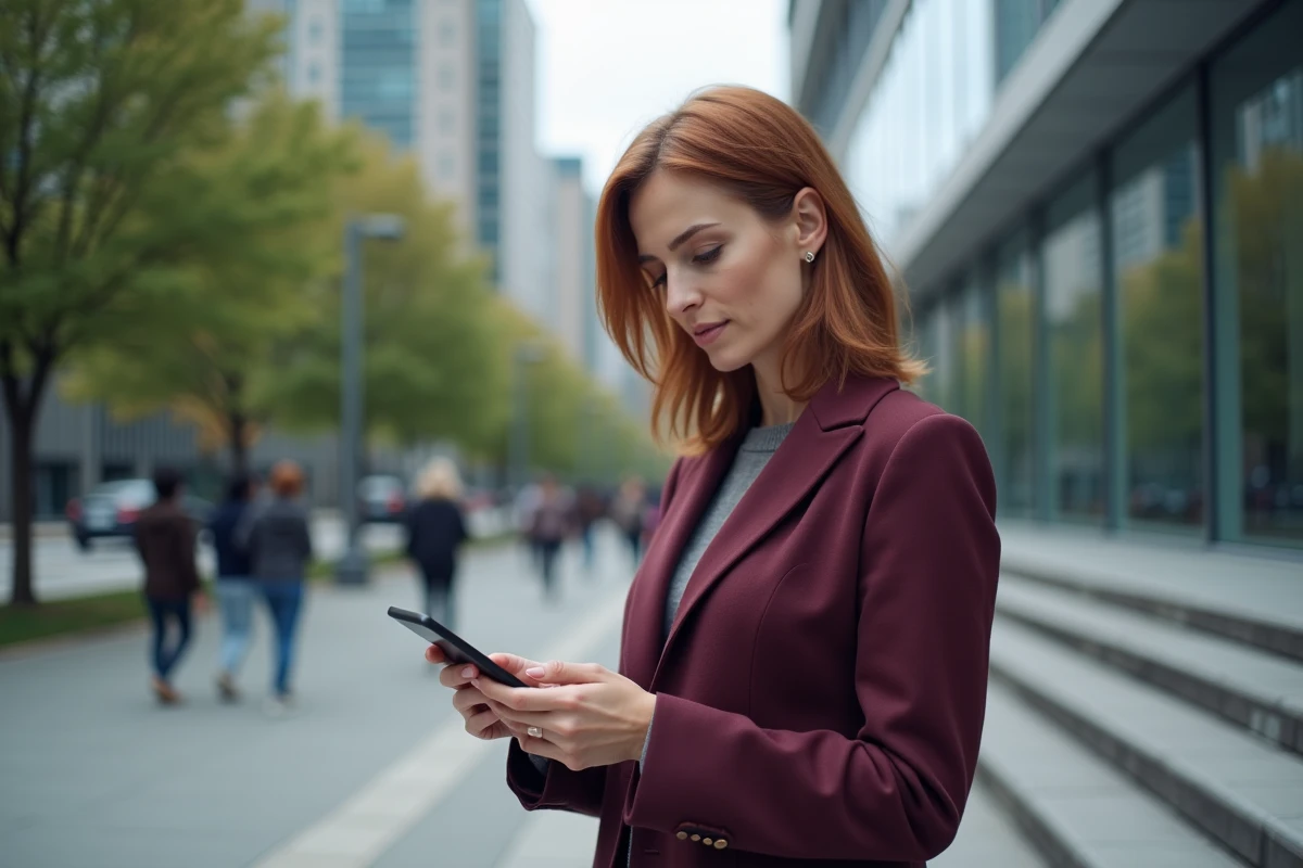 Femme de 40 ans consultant son téléphone pour des opportunités d'emploi devant un immeuble de bureaux moderne
