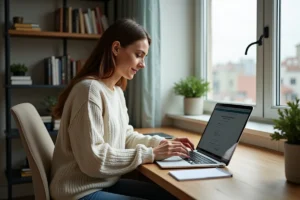 Femme organisée classant ses favoris sur son ordinateur