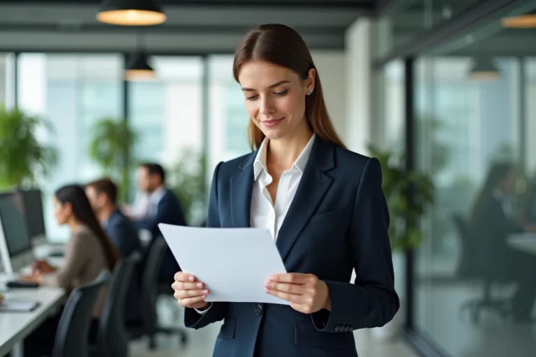 Femme professionnelle confiante consultant un document dans un bureau moderne, illustrant les atouts professionnels et la progression de carrière