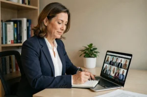 Femme professionnelle participant à une réunion de club d'affaires en ligne depuis son bureau à domicile