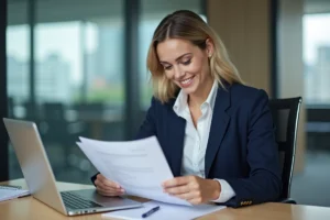 Femme professionnelle en revue de son CV dans un bureau moderne
