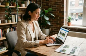 Femme consultant des annonces immobilières sur un ordinateur portable dans un bureau à domicile moderne