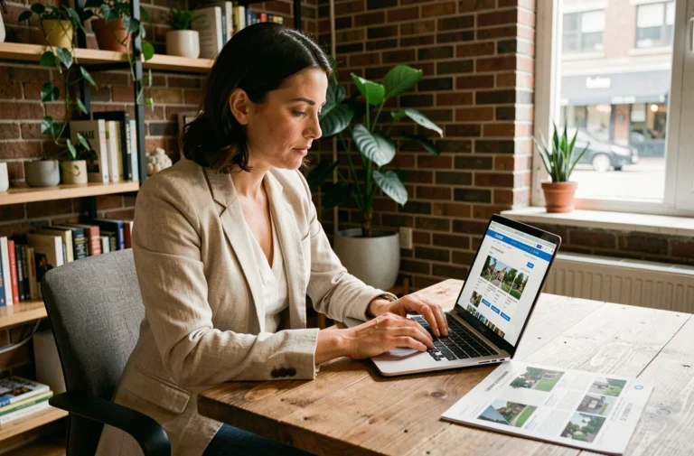 Femme consultant des annonces immobilières sur un ordinateur portable dans un bureau à domicile moderne