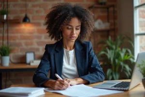 Femme professionnelle en blazer marine consultant des offres d'emploi dans un bureau à domicile chaleureux