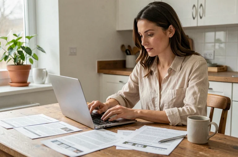Femme consultant des annonces immobilières sur un ordinateur portable à une table en bois pour trouver la location idéale