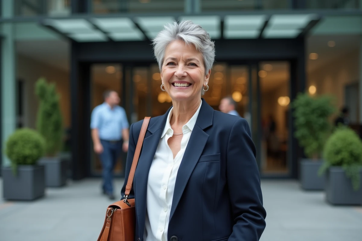 Femme senior souriante devant un immeuble de bureaux symbolisant le départ à la retraite à 60 ans en 2026