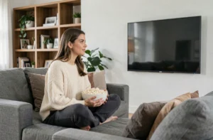 Femme regardant un film en streaming sur sa télévision dans un salon moderne et confortable
